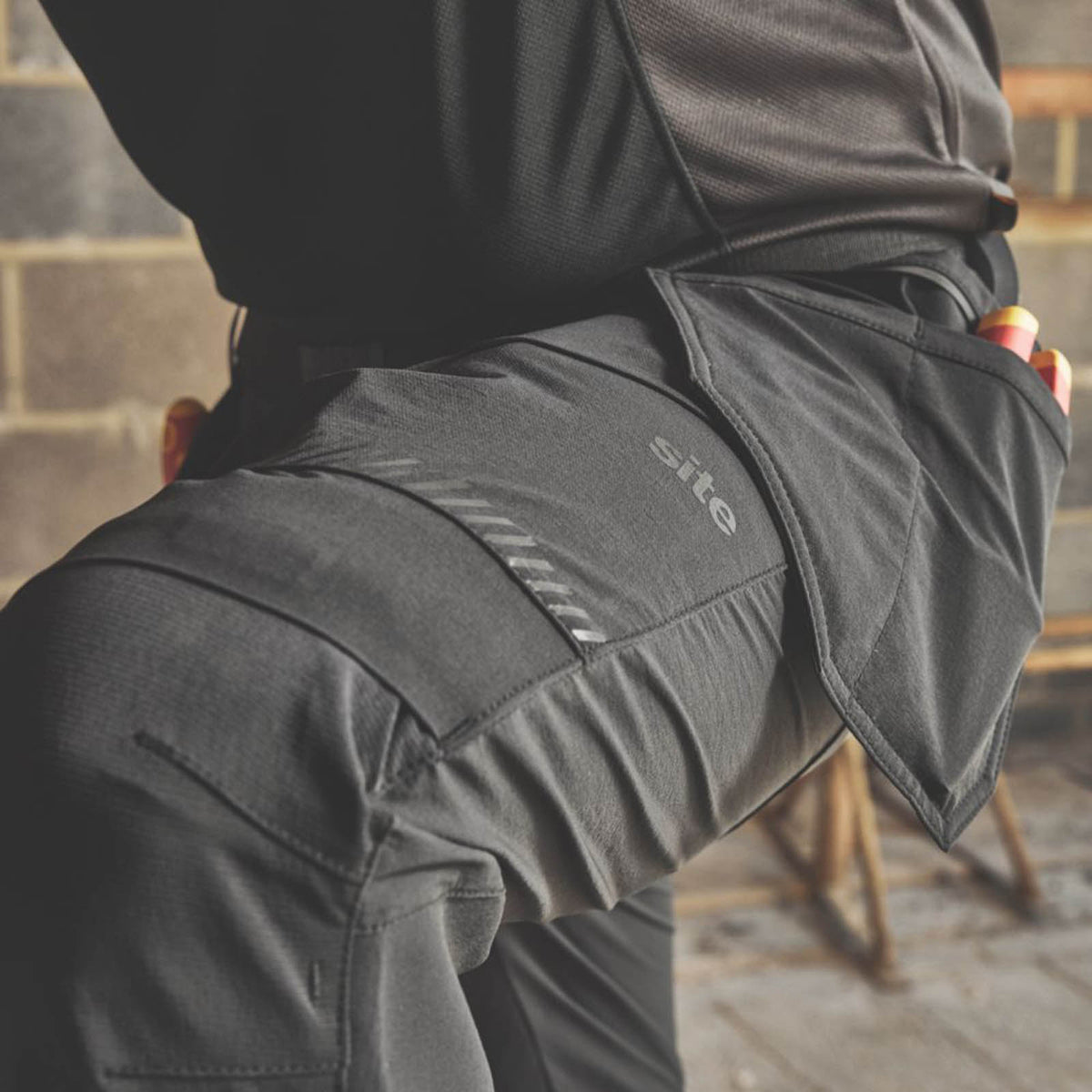 Site Work Trousers Mens Slim Fit Black Stretch Multi Pockets Cargo 34W 30L - Image 6
