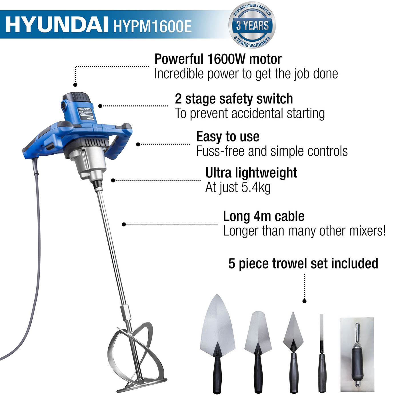 Paddle Mixer Electric HYPM1600E 5 Piece Trowel Set Cement Stirrer Whisk 1600W - Image 3