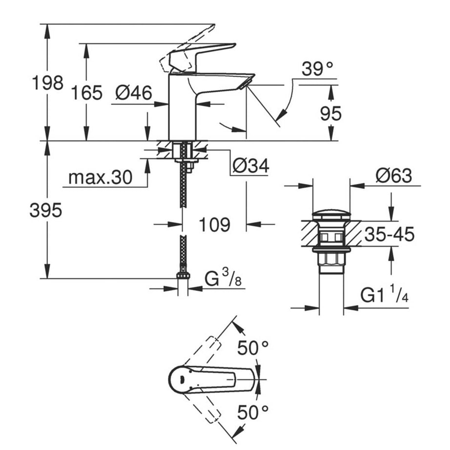 Grohe Basin Mixer Tap Matt Black 165mm Single Lever Mono With Clicker Waste - Image 3