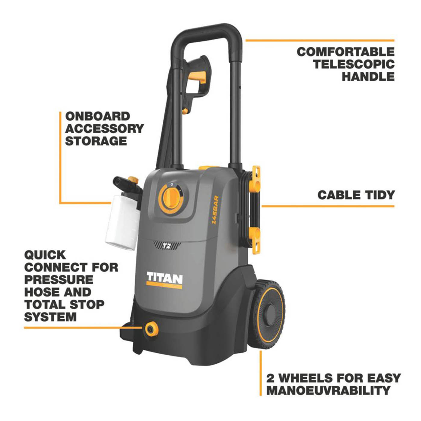 Titan High Pressure Washer Jet TTB1284PRW Corded Electric On-Board 145bar 1800W - Image 3