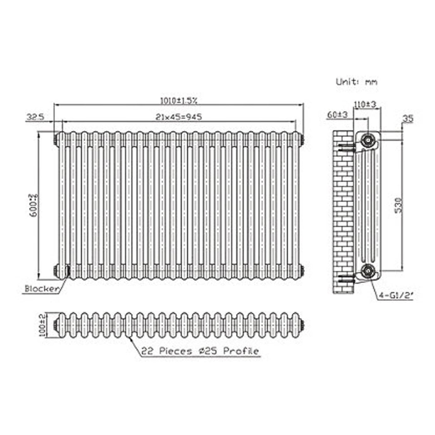 Flomasta 3 Column Radiator White Horizontal Steel Central Heating 60x101cm - Image 6