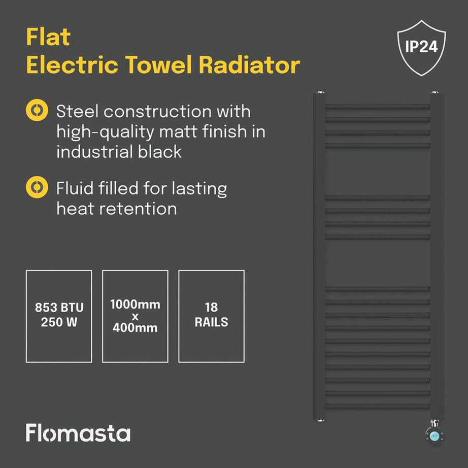 Flomasta Electric Towel Rail Radiator Black Flat Bathroom Warmer 100x40cm - Image 4