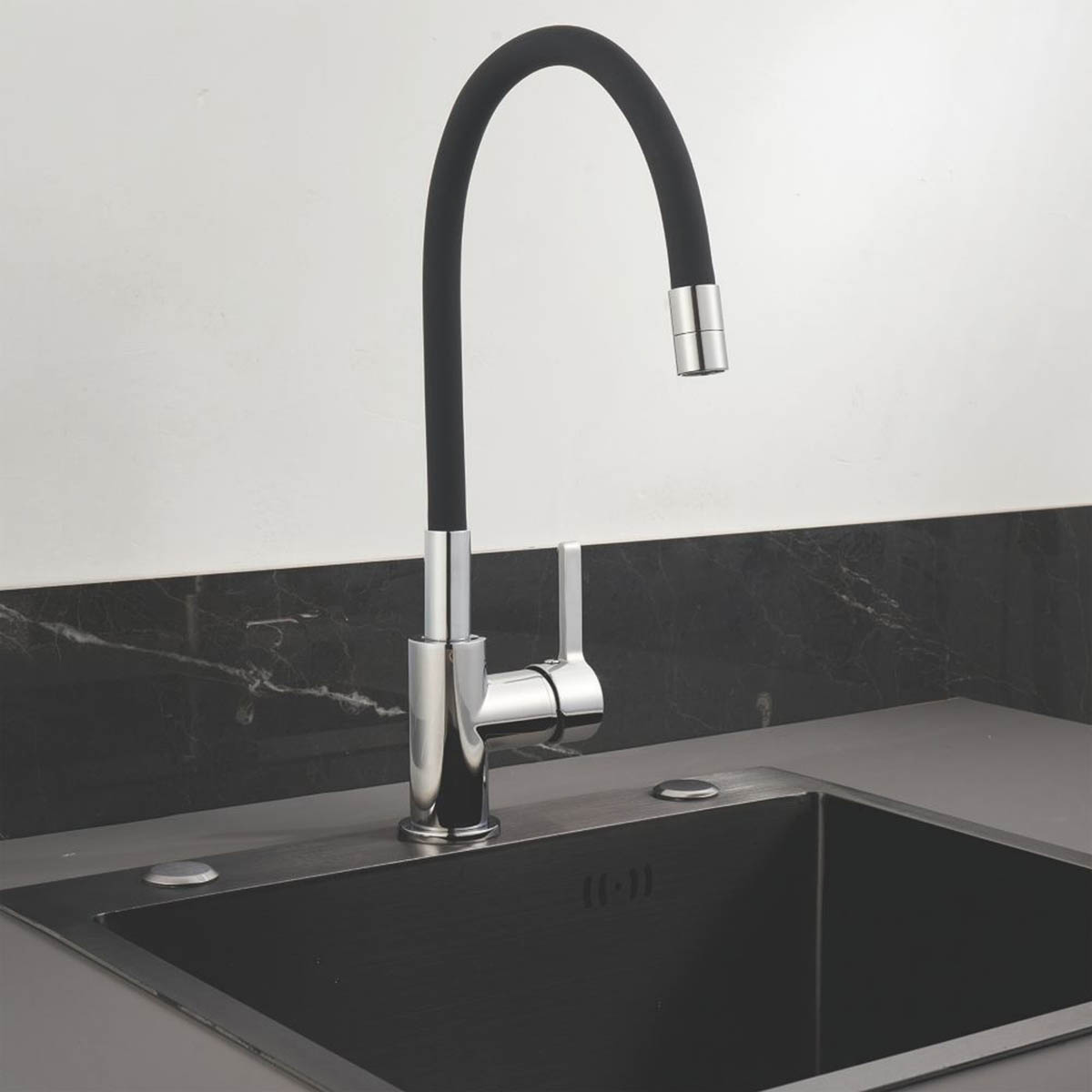 Kitchen Sink Tap Mono Mixer Chrome Black Single Lever Swivel Spout Modern Faucet - Image 2
