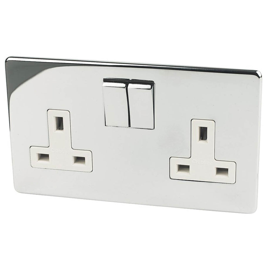 Crabtree Switched Plug Socket Wall 13A 2-Gang DP Polished Chrome White Inserts - Image 1