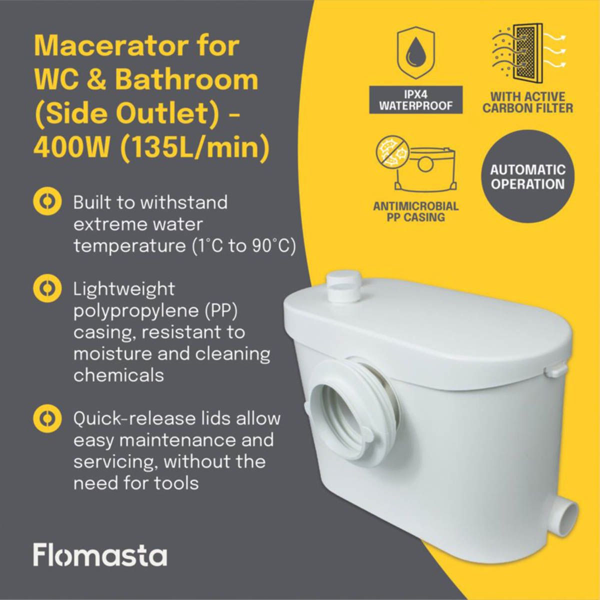 Flomasta Macerator WC And Bathroom Side Outlet Heavy Duty Quiet Pump 400W - Image 2
