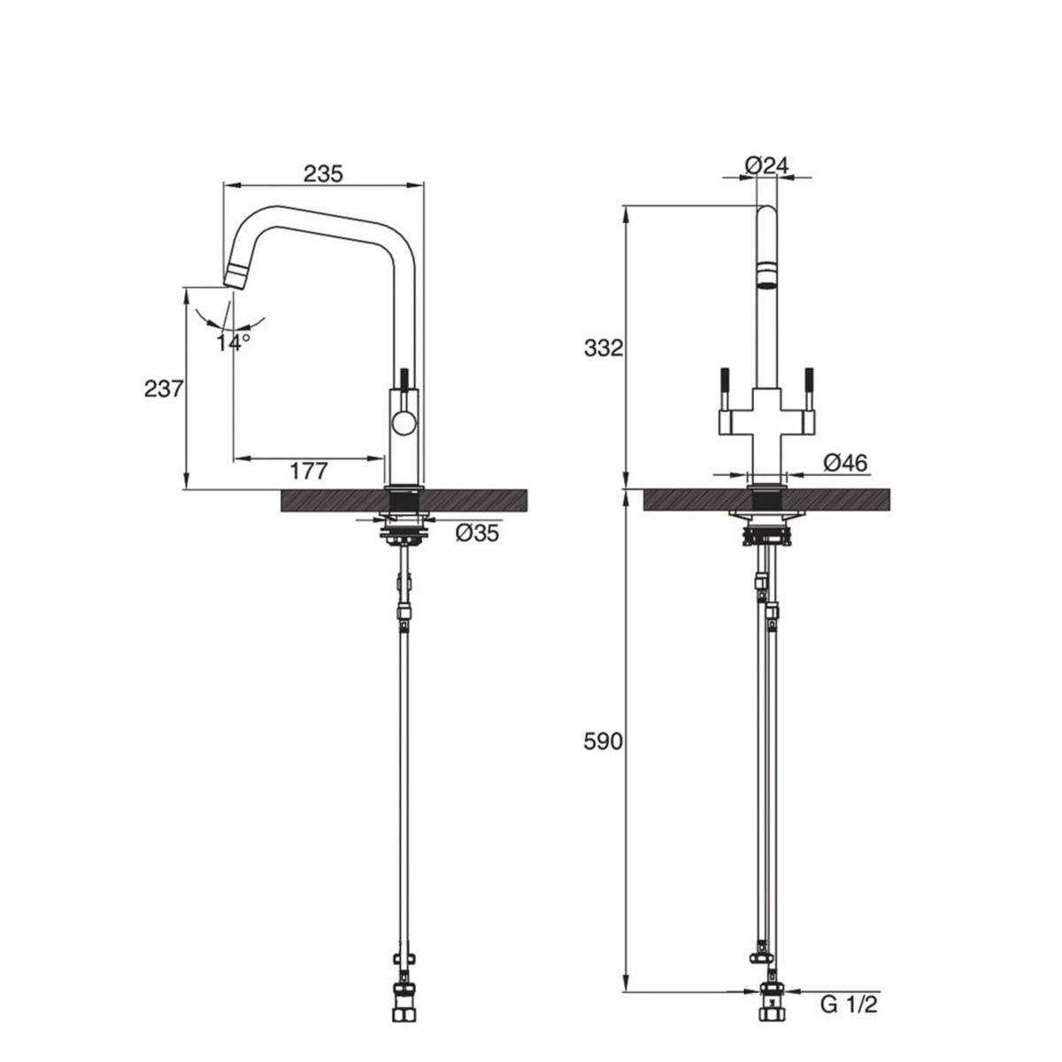 Kitchen Sink Tap Monobloc Mixer Brushed Nickel PVD Dual Lever Swivel Spout - Image 3