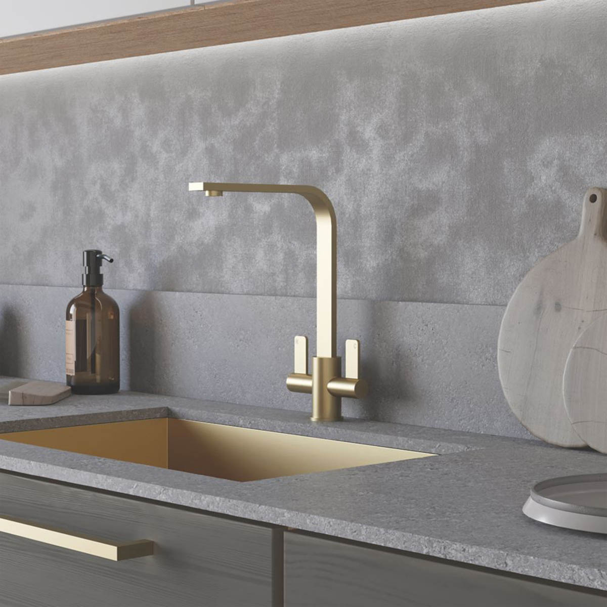 Etal Kitchen Tap Mono Mixer Brushed Brass Double Lever Swivel Spout Faucet - Image 2