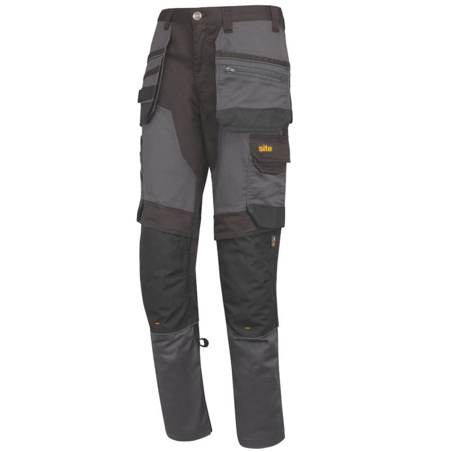 Site Mens Work Trousers Slim Fit Multi Pockets Grey Black Stretch 38"W 32"L - Image 1