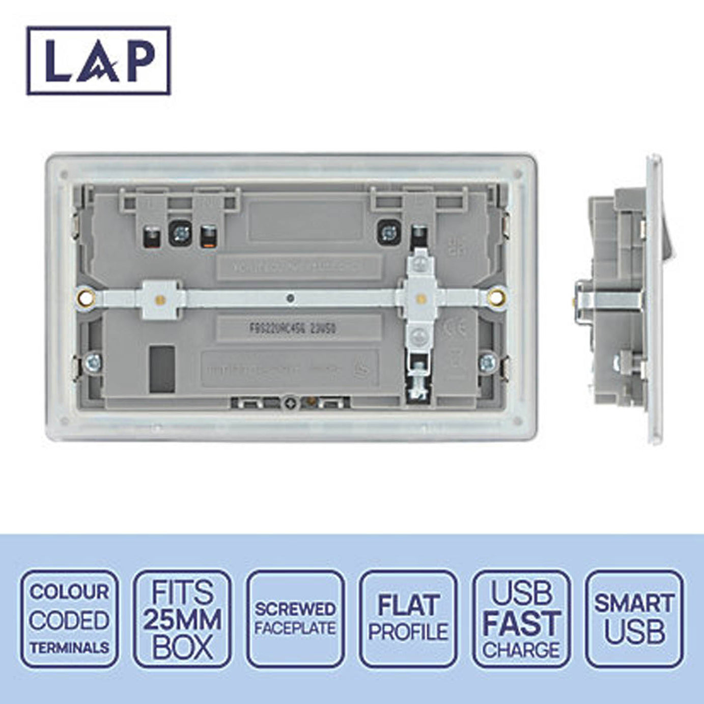 LAP 13A 2-Gang SP Switched Socket + 3A 45W 2-Outlet USB Charger Brushed Steel - Image 4