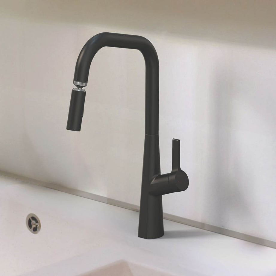 Swirl Kitchen Sink Tap Mixer Single Lever Matt Black Pull-Out Spout Brass Modern - Image 2