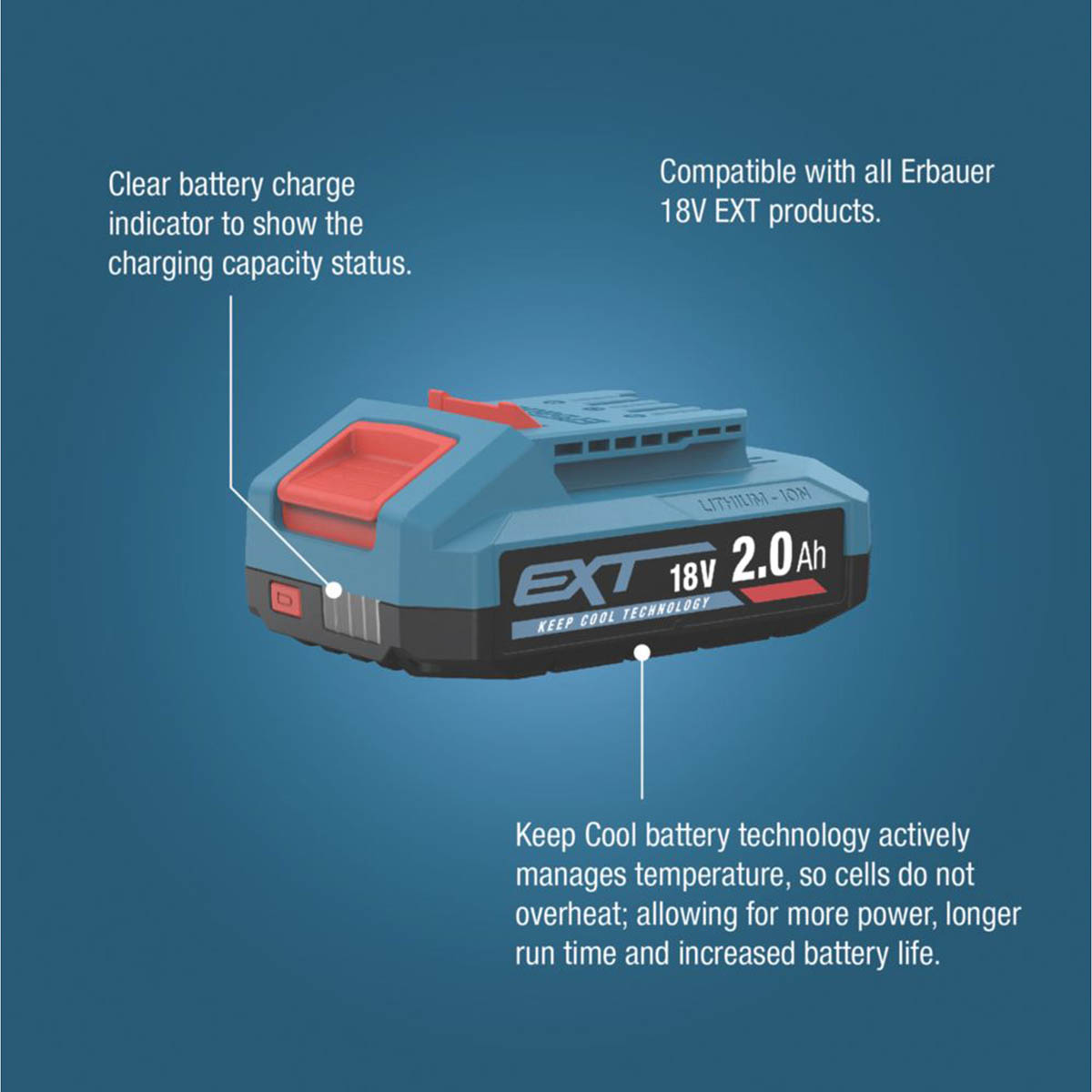 Erbauer Battery ERI1098BAT 18V 2.0Ah Li-Ion EXT Keep Cool Technology Lightweight - Image 4