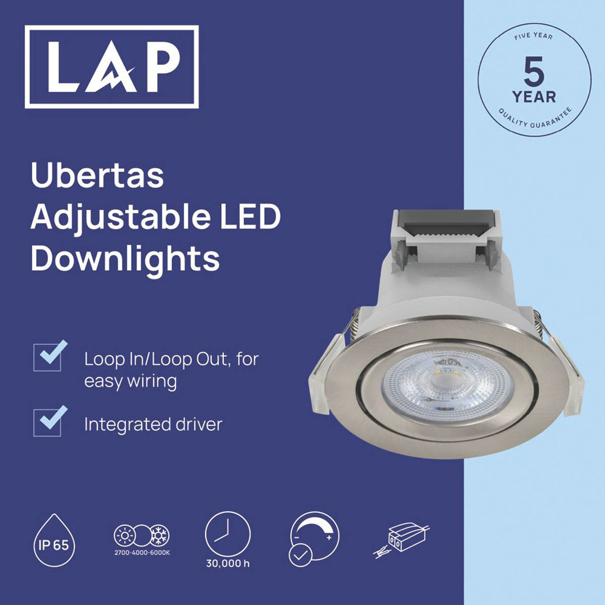 LAP LED Downlights Ubertas Tilt Brushed Nickel Variable White 420lm 10 Pack - Image 2