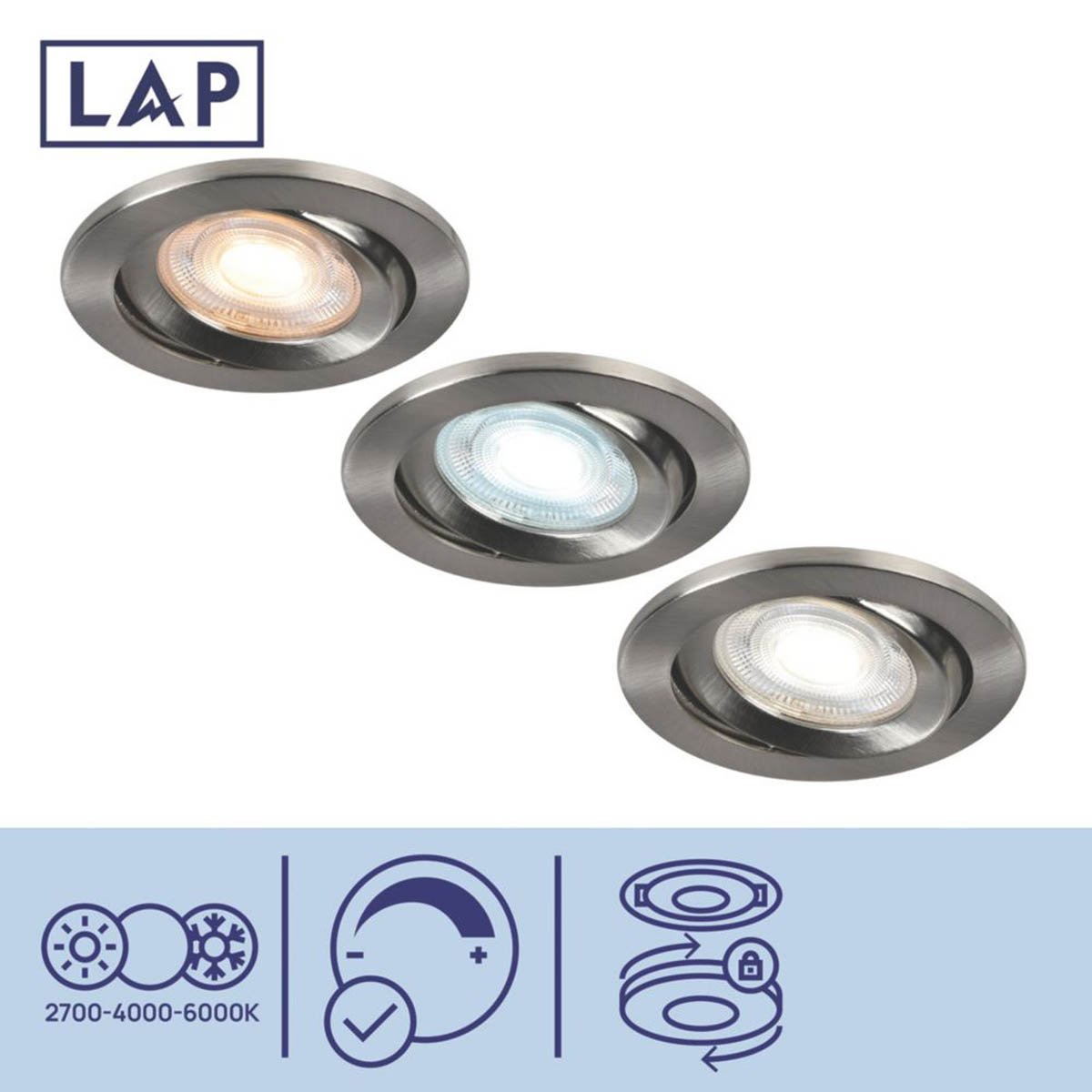 LAP LED Downlights Ubertas Tilt Brushed Nickel Variable White 420lm 10 Pack - Image 3