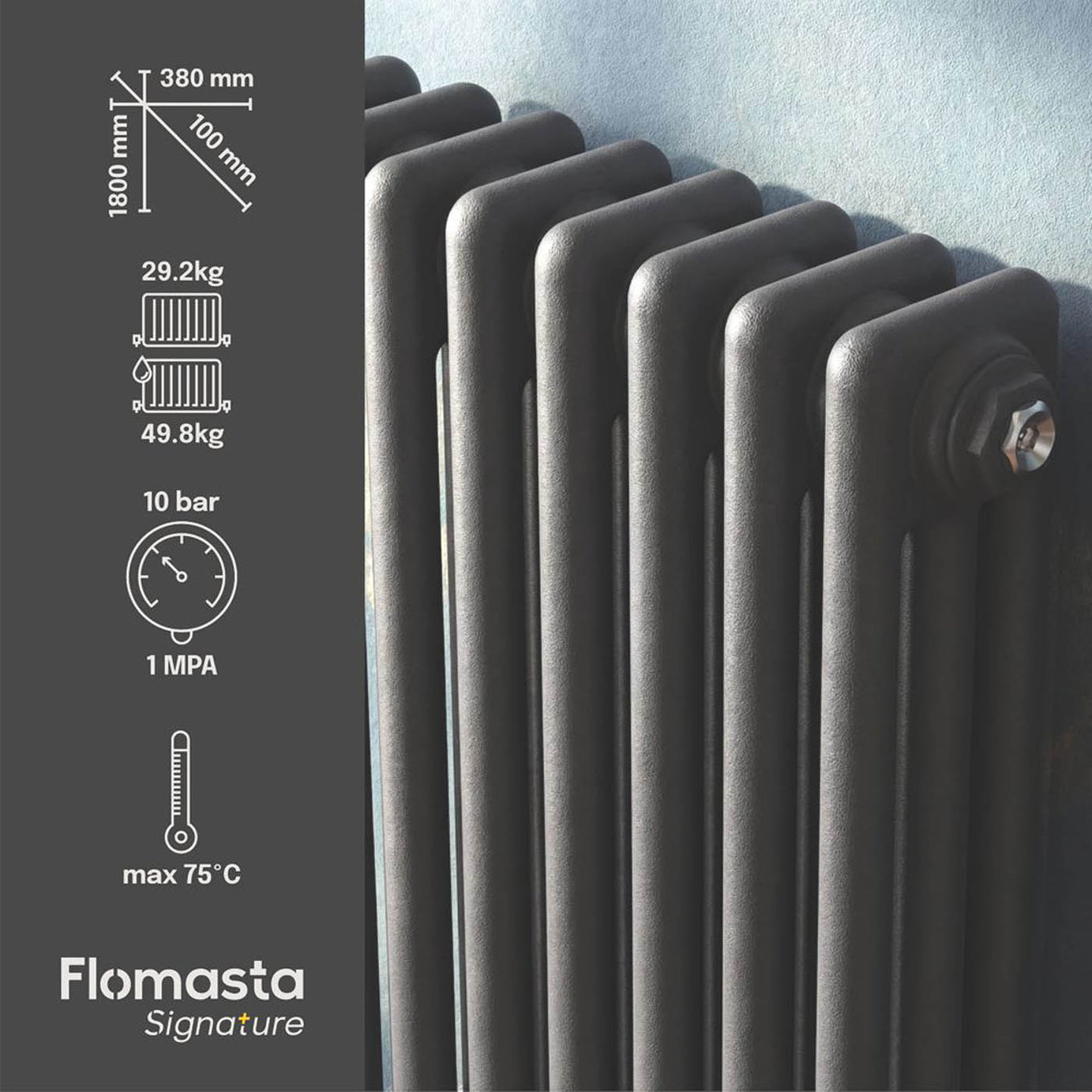 Flomasta Vertical 3 Column Radiator Anthracite 1800mm x 380mm 4520BTU - Image 4