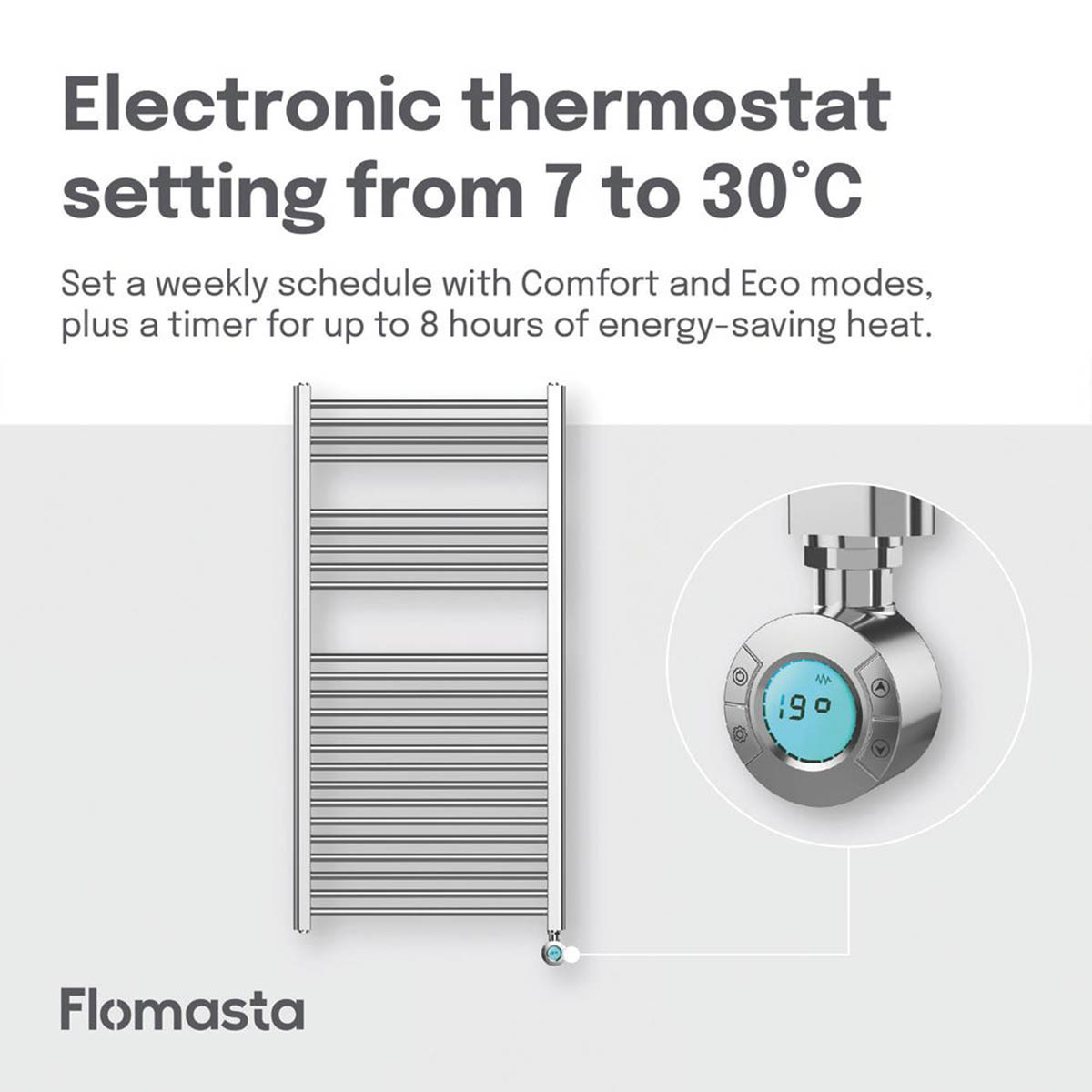 Flomasta Towel Radiator Electric Flat Chrome Programmable 1200mm x 600mm 1364BTU - Image 5