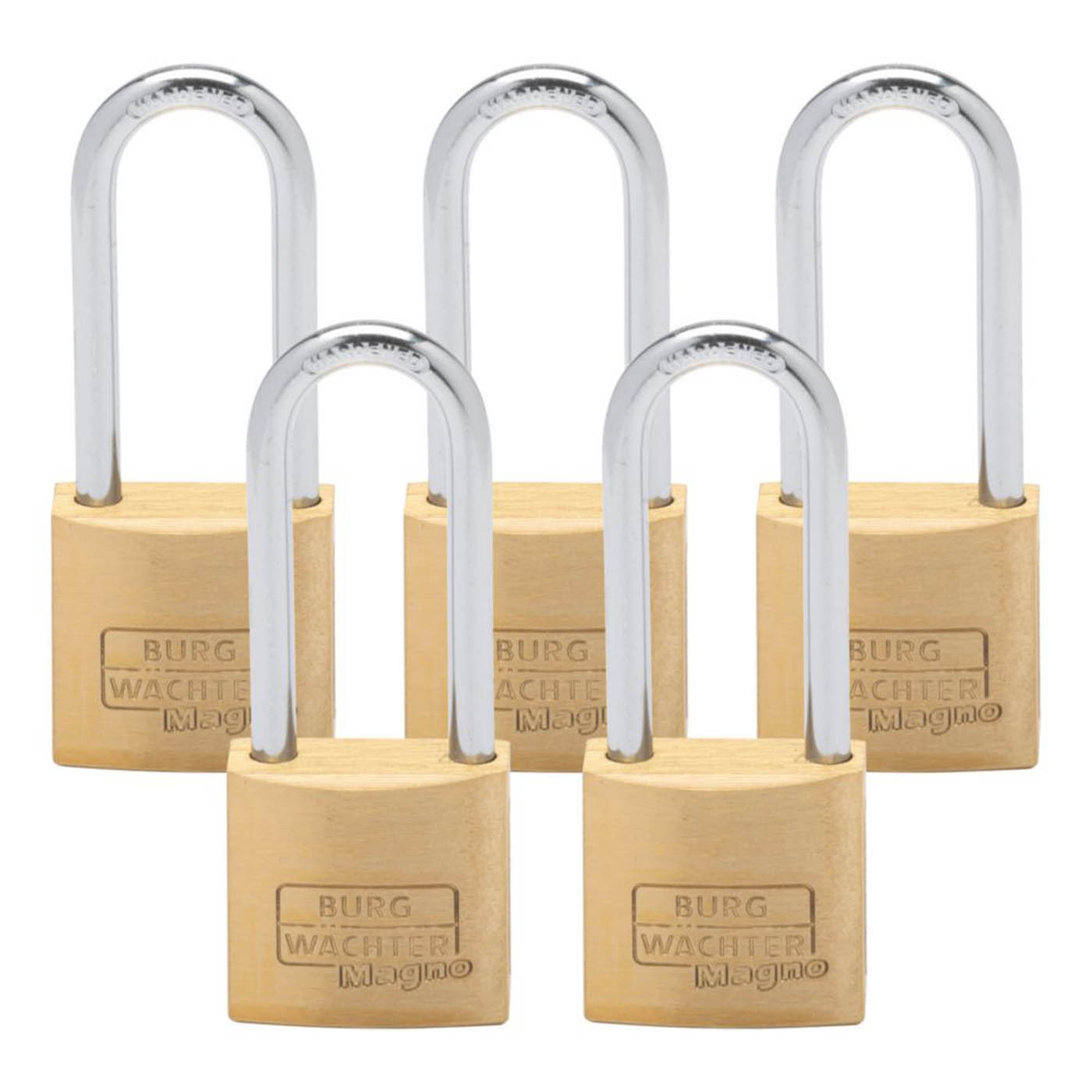 Burg-Wachter Padlocks Long Shackle Brass Keyed Alike Indoor Outdoor 40mm 5 Pack - Image 1
