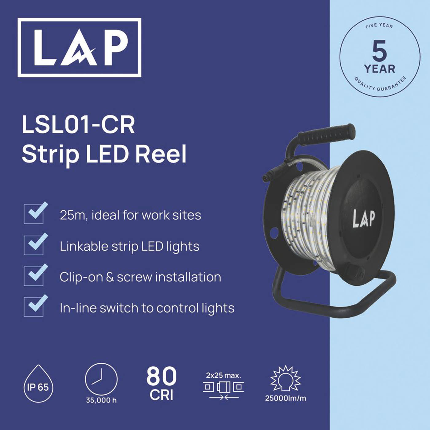 LAP LED Strip Light Cool White 2500lm Outdoor IP65 Lighting Tape 188W 25m - Image 3